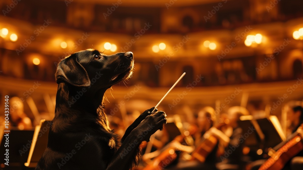 A black dog stands confidently at the front of an orchestra, gesturing with a baton as musicians perform in a beautifully lit theater, creating a captivating atmosphere A black dog stands confidently at the front of an orchestra, gesturing with a baton as musicians perform in a beautifully lit theater, creating a captivating atmosphere