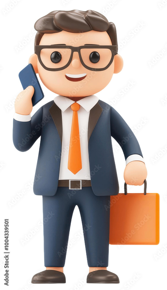 A cartoon businessman with glasses holds a smartphone and a briefcase, dressed smartly in a blue suit and orange tie. A cartoon businessman with glasses holds a smartphone and a briefcase, dressed smartly in a blue suit and orange tie.