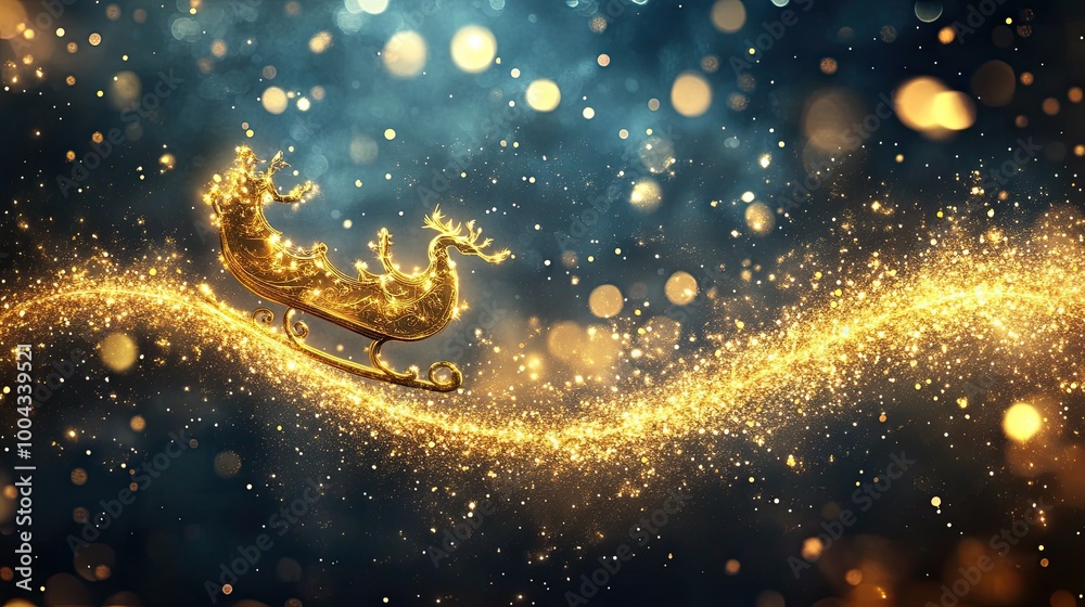 Golden Sleigh Magic: A shimmering golden sleigh cuts through a wave of sparkling stardust, evoking the magic and wonder of a winter's night. The scene is bathed in a warm, inviting glow. Golden Sleigh Magic: A shimmering golden sleigh cuts through a wave of sparkling stardust, evoking the magic and wonder of a winter's night. The scene is bathed in a warm, inviting glow.