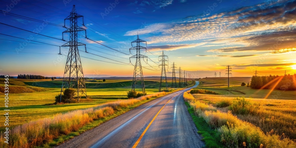 Serene Landscape of Electricity Pillars Along an Empty Road in Rural Canada Under Clear Blue Sky Serene Landscape of Electricity Pillars Along an Empty Road in Rural Canada Under Clear Blue Sky