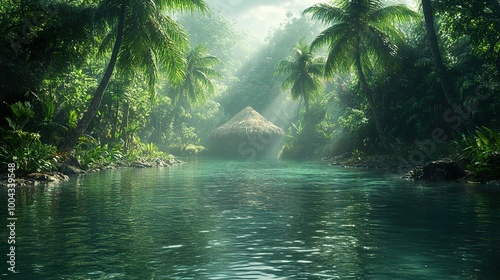 Tropical River Paradise: Lush Jungle Landscape with Palm Trees and a Hut