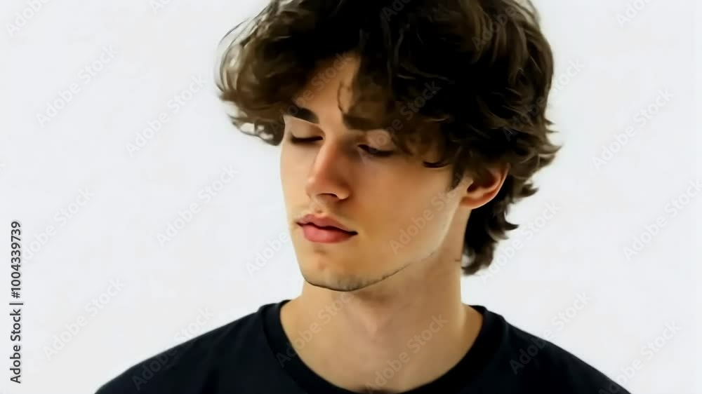 Young man with curly hair poses against a white background, shifting his head and gazing in various directions Young man with curly hair poses against a white background, shifting his head and gazing in various directions