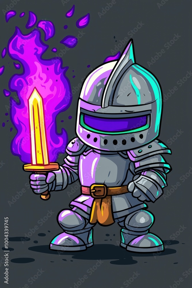 Cartoon Knight with Flaming Sword Cartoon Knight with Flaming Sword