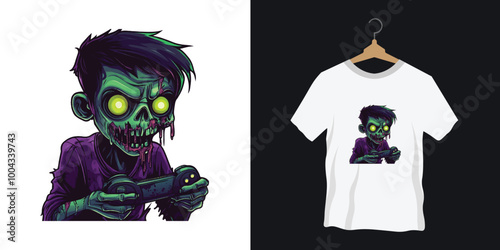 Gaming t-shirt design with a cartoonish zombie holding a game controller