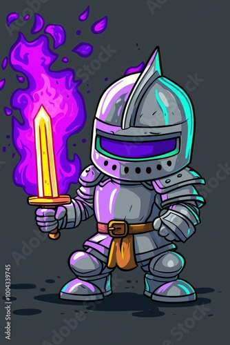 Cartoon Knight with Flaming Sword