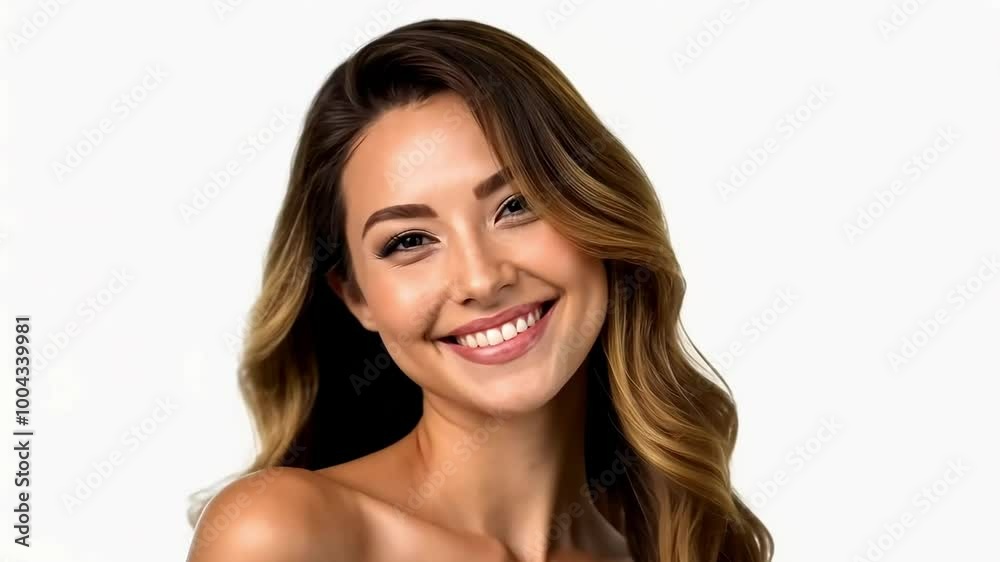 Beautiful young woman with long brown hair smiles against a clean white background, displaying a cheerful and engaging expression in a series of six striking portraits Beautiful young woman with long brown hair smiles against a clean white background, displaying a cheerful and engaging expression in a series of six striking portraits
