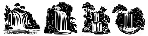 artistic depictions of tropical waterfalls in monochrome style vector