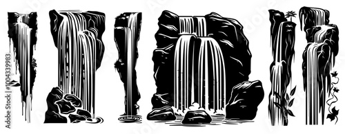 stylized waterfall scenes with lush surroundings vector