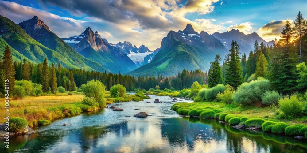Serene Nature Wallpaper with Lush Greenery, Tranquil River, and Majestic Mountains in Background Serene Nature Wallpaper with Lush Greenery, Tranquil River, and Majestic Mountains in Background