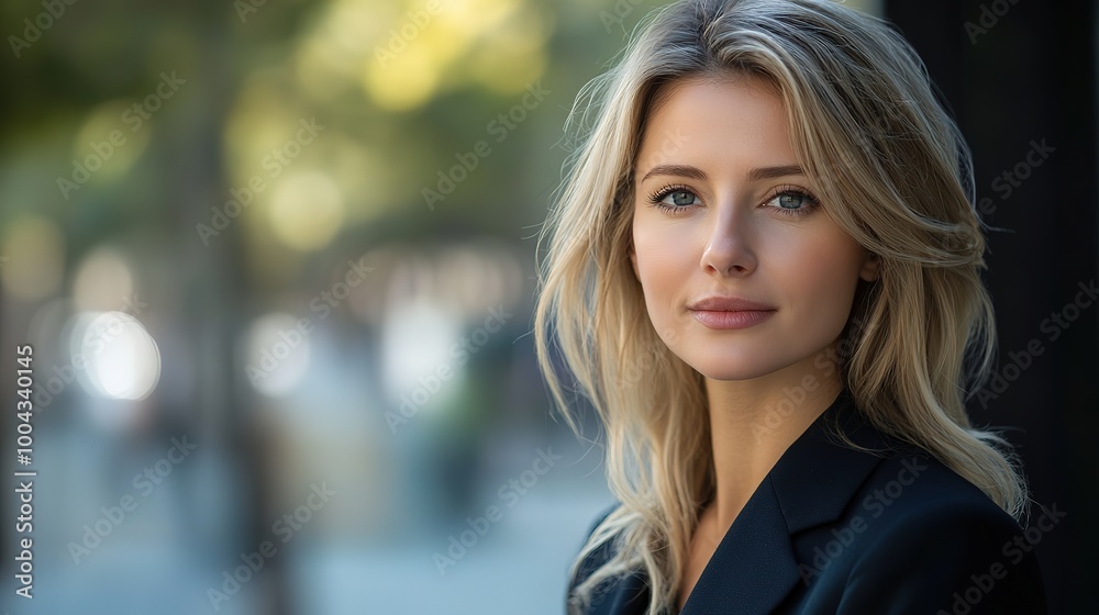 European woman in suit outdoors with a blurry business center in backdrop European woman in suit outdoors with a blurry business center in backdrop