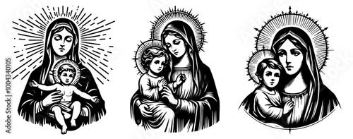 sacred depictions of Our Lady Virgin Mary and child Jesus in tender embrace vector