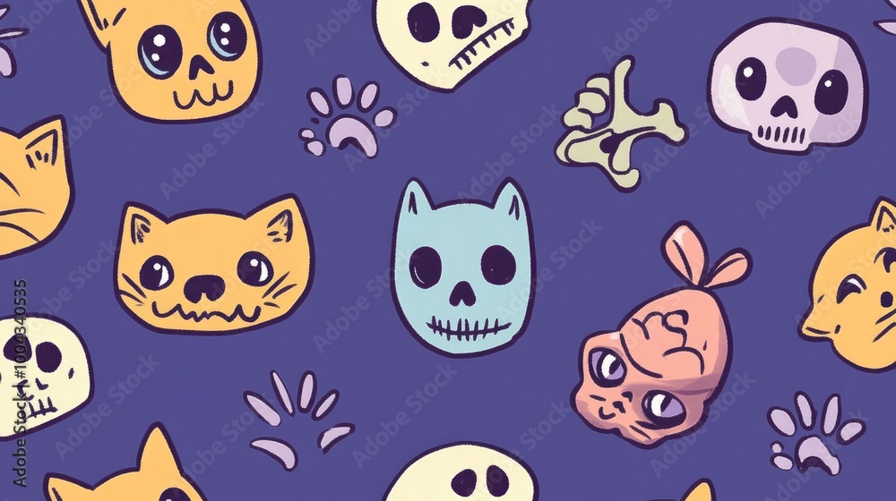 Cute Cats, Dogs, and Skulls Doodle Pattern Design for Creative Projects Cute Cats, Dogs, and Skulls Doodle Pattern Design for Creative Projects