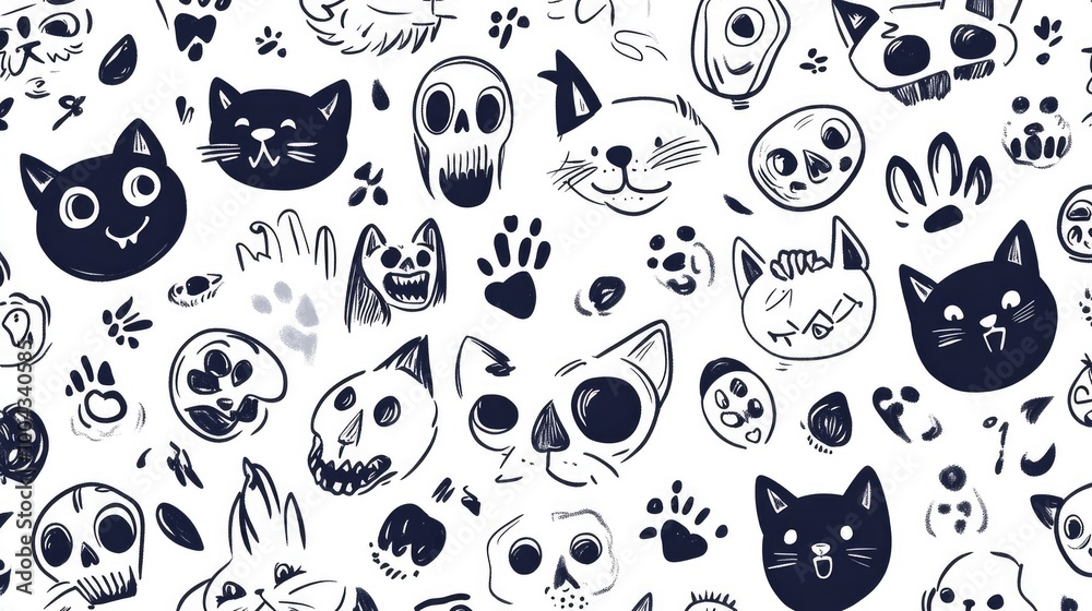 Cute Cats, Dogs, and Skulls Doodle Pattern Design for Creative Projects Cute Cats, Dogs, and Skulls Doodle Pattern Design for Creative Projects