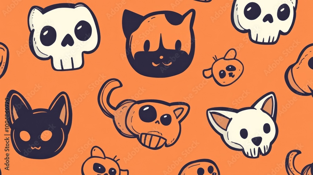 Cute Cats, Dogs, and Skulls Doodle Pattern Design for Creative Projects Cute Cats, Dogs, and Skulls Doodle Pattern Design for Creative Projects