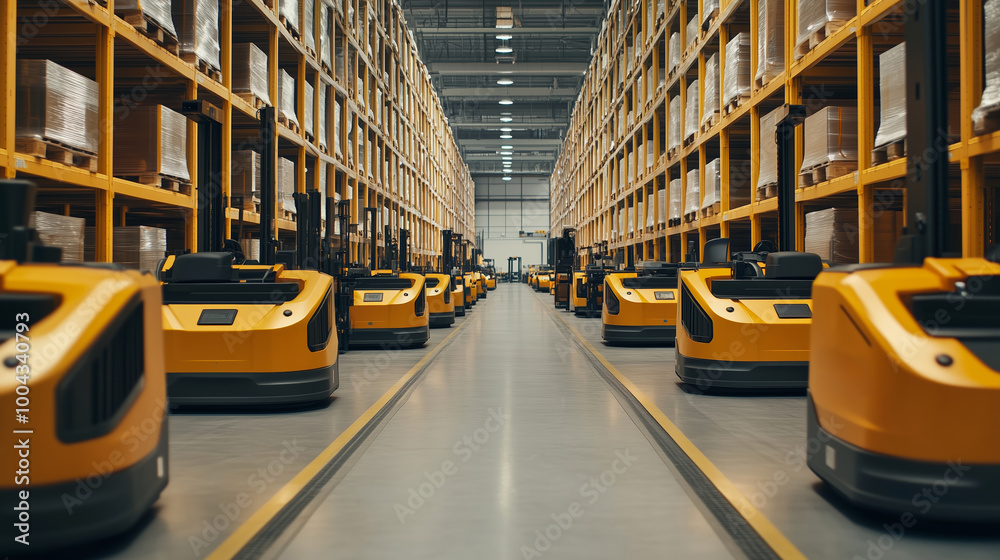 Fototapeta premium Automated guided vehicles working in a large warehouse during a busy day of operations