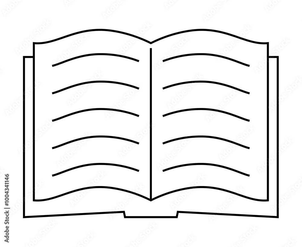 Open book with visible pages, drawn in a minimalist line style. Ideal for education, literature, reading, libraries, and book clubs. Black and white with clear lines and open pages, suitable Open book with visible pages, drawn in a minimalist line style. Ideal for education, literature, reading, libraries, and book clubs. Black and white with clear lines and open pages, suitable