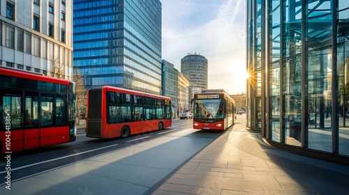 In Berlin's city center, on Potsdamer Platz Square, there is a street with modern building architecture, bus and car traffic, and European architecture. External building architecture