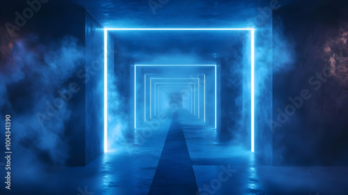 Blue Neon Light Corridor 3D Illustration