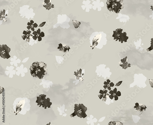 Fototapeta Naklejka Na Ścianę i Meble -  Seamless watercolor effect flowers pattern, floral illustration. Fabric texture design.