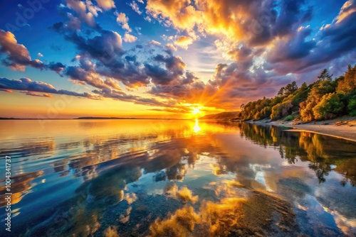 Serene Sunset Over a Sunny Cove with Calm Waters and Vibrant Sky Reflecting on the Shoreline