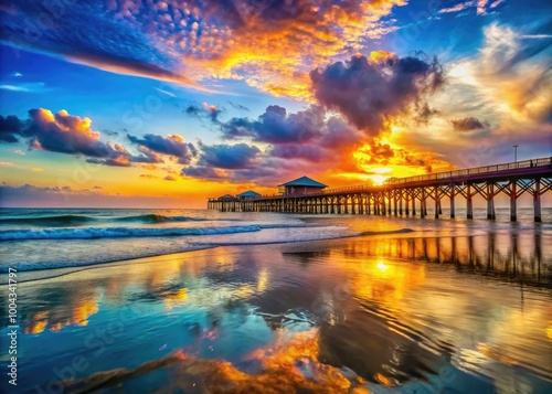Serene Sunset Over Myrtle Beach Pier with Vibrant Colors Reflecting on Calm Ocean Waves at Dusk