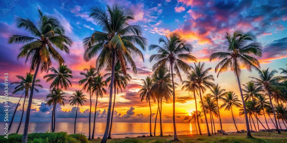 Serene Sunset Over Palm Trees Creating a Tranquil Vacation Landscape in Bright Pastel Colors Serene Sunset Over Palm Trees Creating a Tranquil Vacation Landscape in Bright Pastel Colors