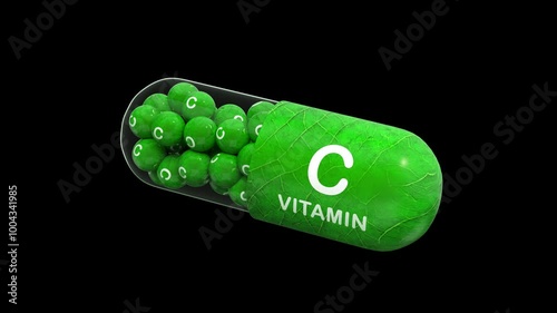 green pill or capsule filled with vitamin C. 3D animated model of granule vitamins complex. Isolated on the black background. Alpha channel. 3D rendering. Seamless loop