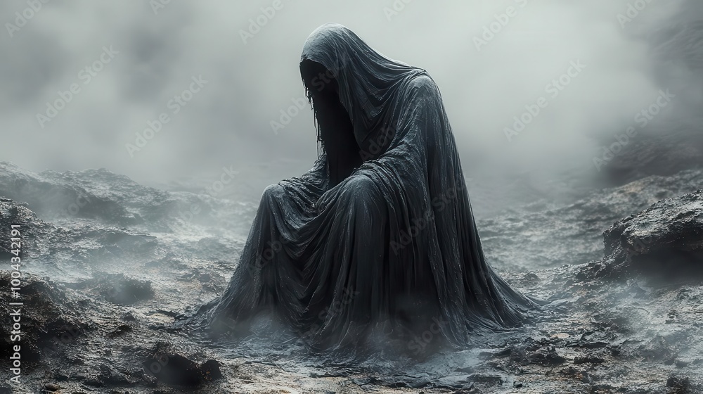the grim reaper depicted as a spectral figure in a dark shadowy landscape draped in black robes a haunting yet contemplative atmosphere surrounds this personification of mortality the grim reaper depicted as a spectral figure in a dark shadowy landscape draped in black robes a haunting yet contemplative atmosphere surrounds this personification of mortality