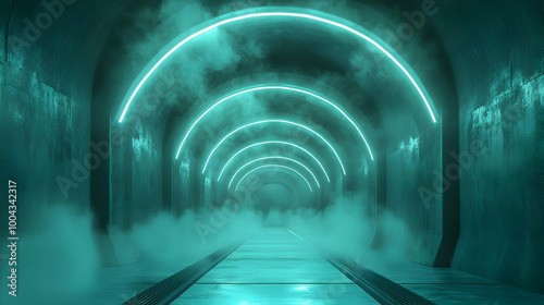 Abstract 3D Tunnel with Green Neon Lights and Fog