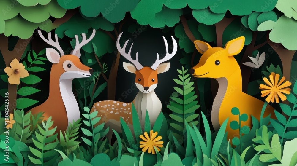 Obraz premium Digital craft illustration of animals in a forest for World Environment Day, blending nature and wildlife in paper art style.