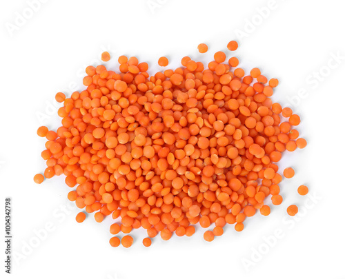 Pile of raw lentils isolated on white, top view