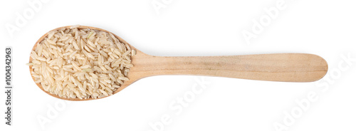 Raw rice in wooden spoon isolated on white, top view