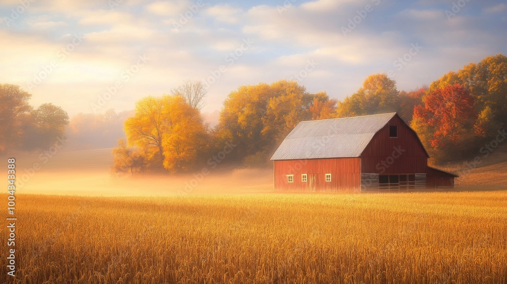 Red Barn in a Field of Wheat with Fog and Autumn Trees Red Barn in a Field of Wheat with Fog and Autumn Trees