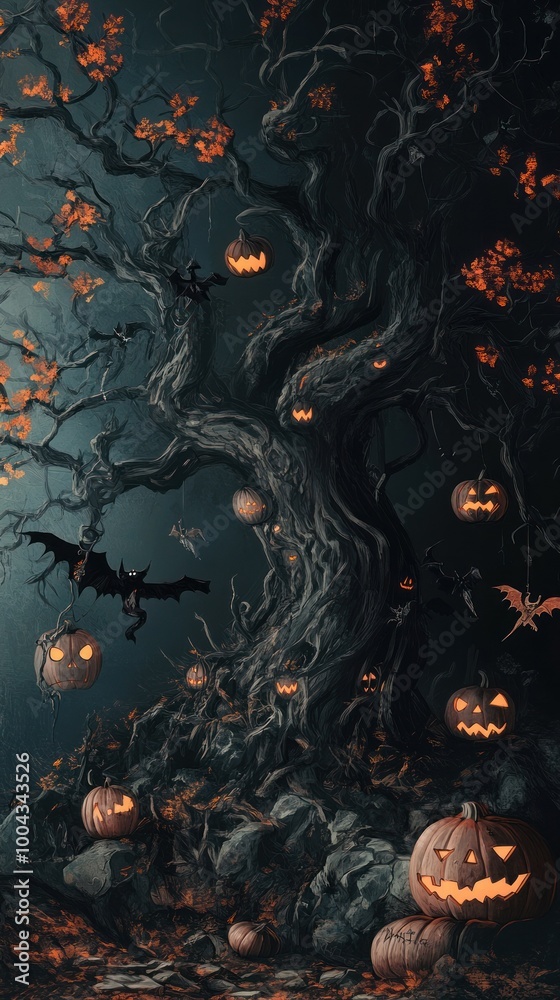 Gnarled tree with jack-o'-lanterns and flying bats Gnarled tree with jack-o'-lanterns and flying bats