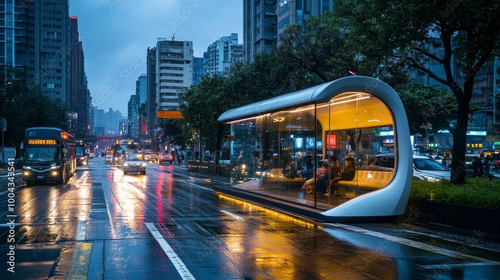 Taichung, Taiwan – July 31, 2024: A sleek, contemporary bus stop in Taichung City, encircled by tall buildings and bustling traffic