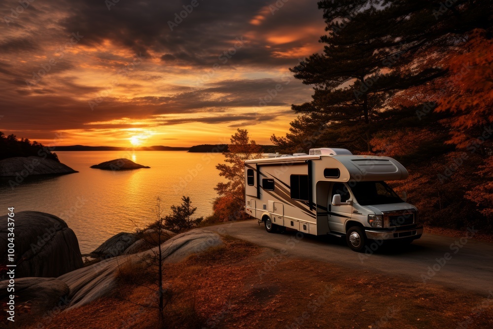 Autumn adventure rv camping by the colorful lake with fishing, scenic mountains and trees Autumn adventure rv camping by the colorful lake with fishing, scenic mountains and trees