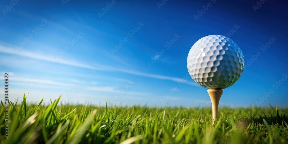 Golf ball on tee ready to be shot into the green grass under a clear blue sky Golf ball on tee ready to be shot into the green grass under a clear blue sky