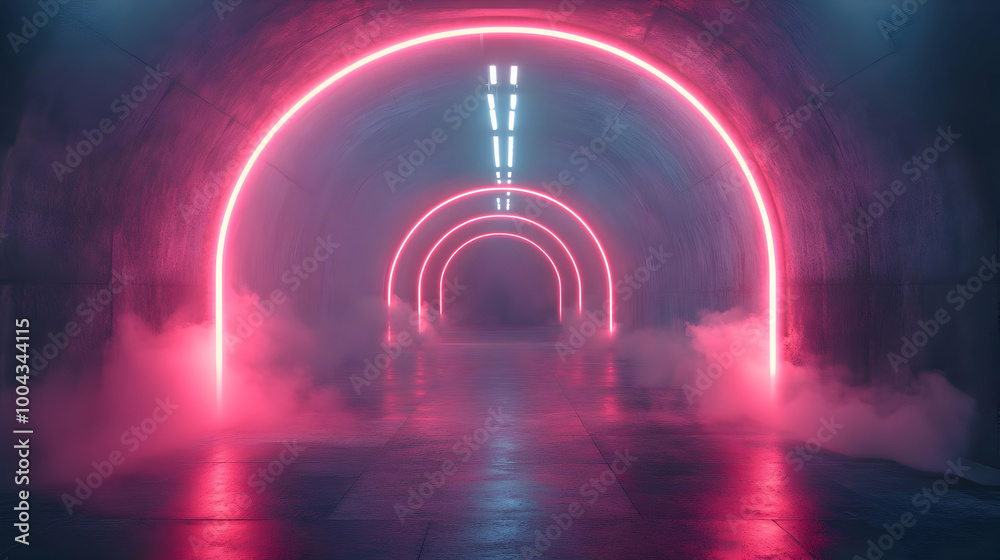 Neon Pink Arcs in a Concrete Tunnel 3D Illustration Neon Pink Arcs in a Concrete Tunnel 3D Illustration