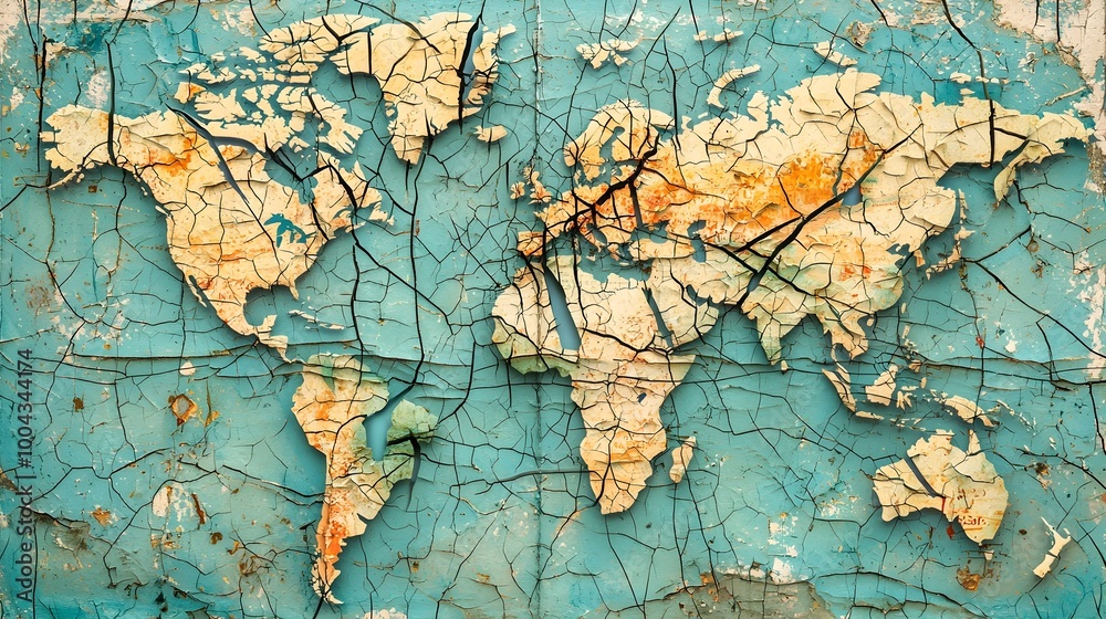 Naklejka premium Cracked World Map Symbolizing Fractured Global Trade and Diplomatic Relations