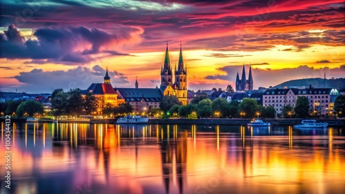 Silhouette of Bonn's Black Skyline at Dusk with Illuminated Landmarks and Dramatic Sky Colors