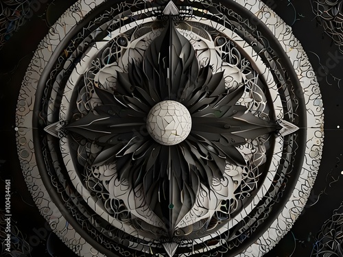 A intricately detailed black and white illustration featuring the Fruit of Life, a mandala-inspired composition of overlapping circles, set against a backdrop of layered geometric patterns