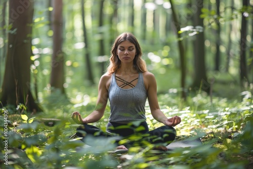 A woman is sitting in a forest, meditating, generative ai image