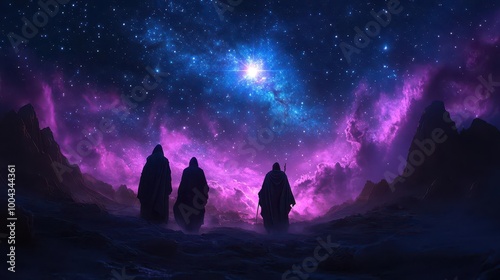 three wise men journeying under a magnificent star in a breathtaking night sky with brilliant stars twinkling above glowing hills of a serene landscape