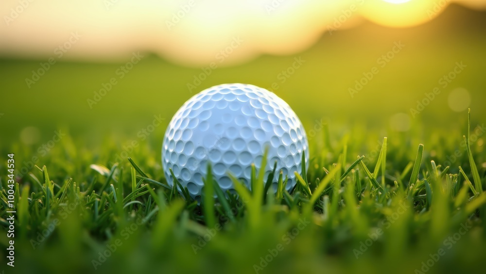 Golf Ball on Green Grass with Sunlit Background Golf Ball on Green Grass with Sunlit Background