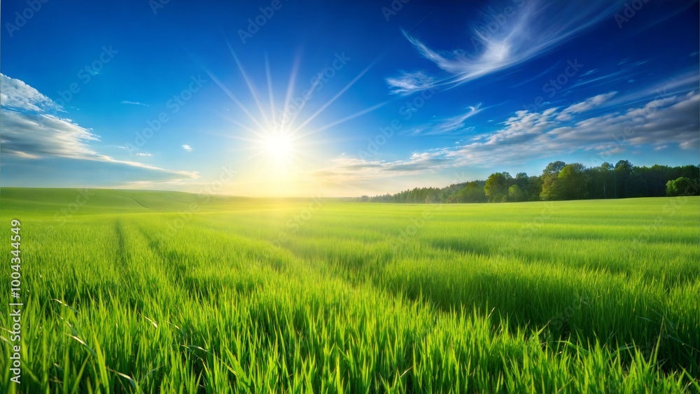 Fototapeta premium Vast green field under bright sunlight with blue sky and clouds, peaceful summer landscape