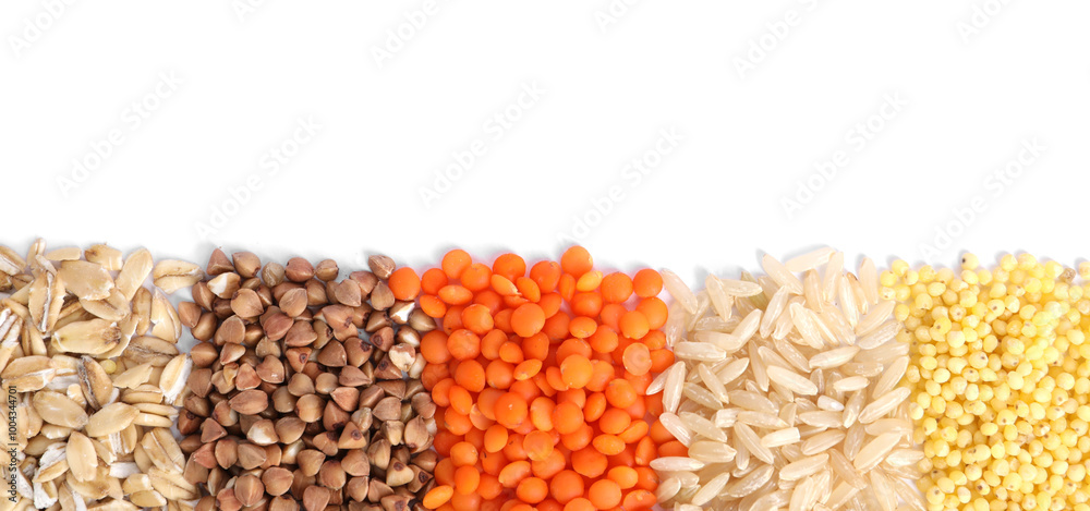 Different grains and cereals isolated on white, top view Different grains and cereals isolated on white, top view