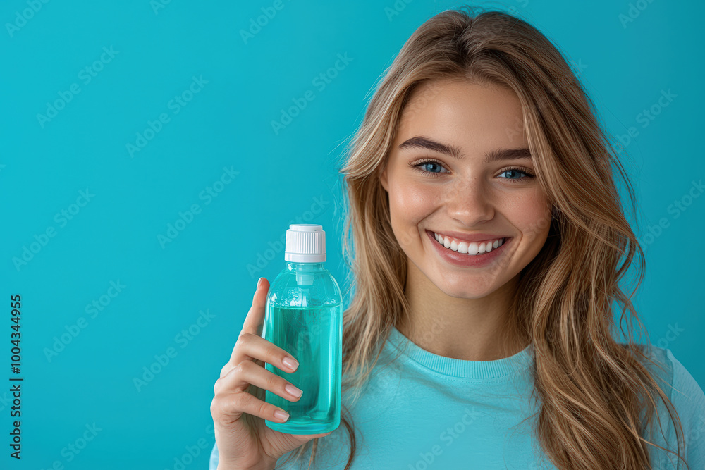 A young woman smiles brightly while holding bottle of mouthwash against vibrant turquoise background. Her cheerful expression conveys freshness and confidence A young woman smiles brightly while holding bottle of mouthwash against vibrant turquoise background. Her cheerful expression conveys freshness and confidence