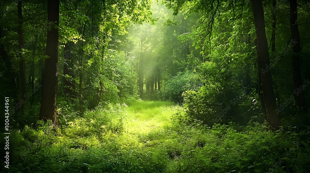 Fototapeta premium A serene and peaceful forest clearing with lush verdant foliage and dappled sunlight filtering through the canopy creating a tranquil and calming woodland landscape scene