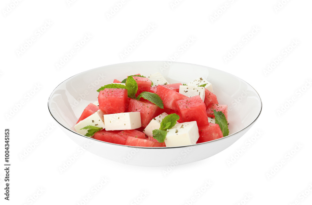 Delicious watermelon salad with mint and feta cheese in bowl isolated on white Delicious watermelon salad with mint and feta cheese in bowl isolated on white