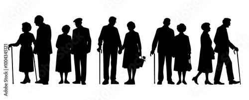 Vector illustration. An elderly couple of pensioners. A large set of people.	